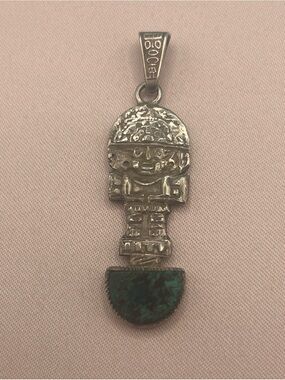 Vintage Peruvian Tumi Pendant 950 Silver inlay Chrysocolla Unisex Tribal Ethnic